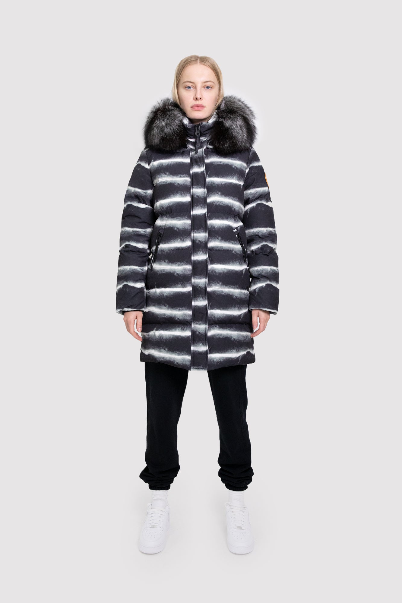 Women's Mid-Length Chinchilla Print Puffer with Fur in Black