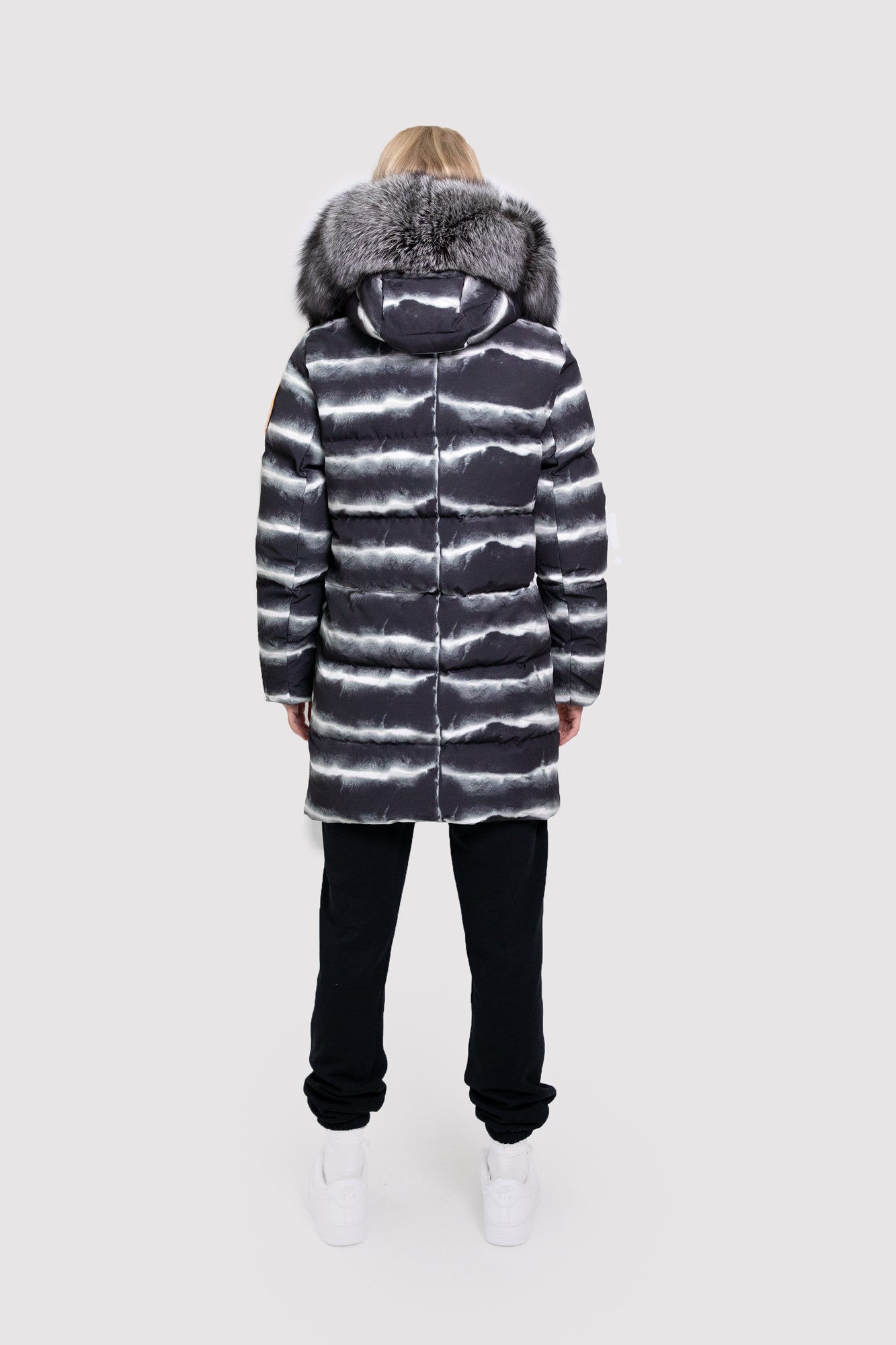Women's Mid-Length Chinchilla Print Puffer with Fur in Black