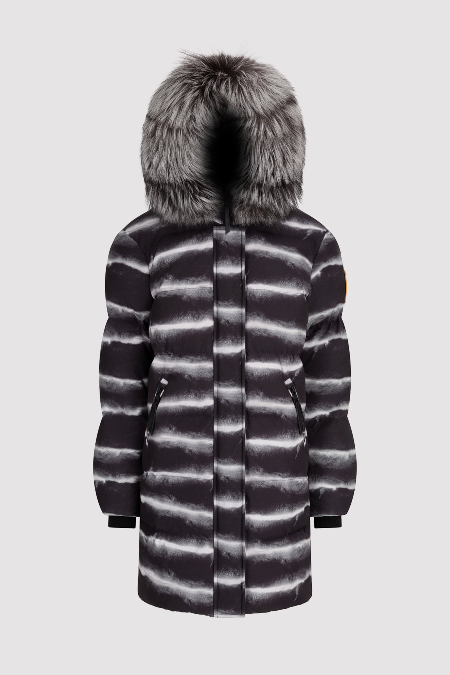 Women's Mid-Length Chinchilla Print Puffer with Fur in Black