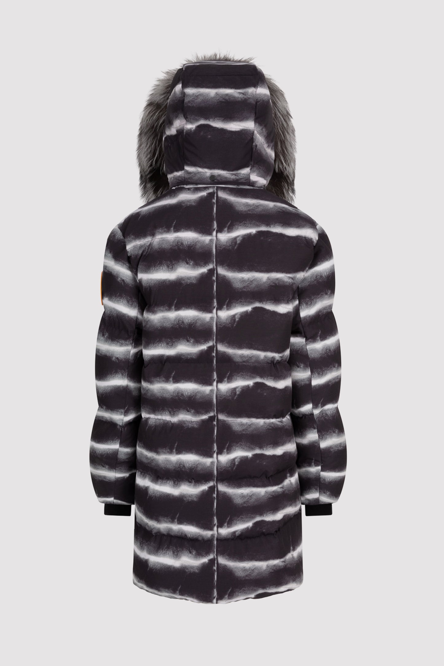 Women's Mid-Length Chinchilla Print Puffer with Fur in Black
