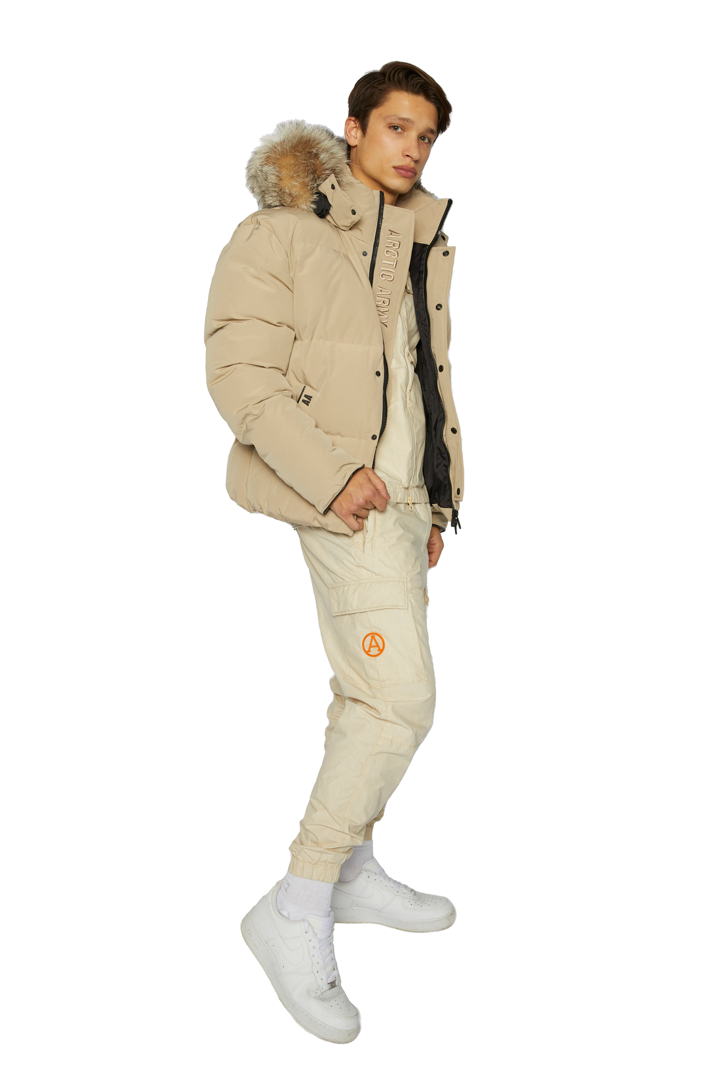 Men's Tailored Puffer with Fur in Fawn