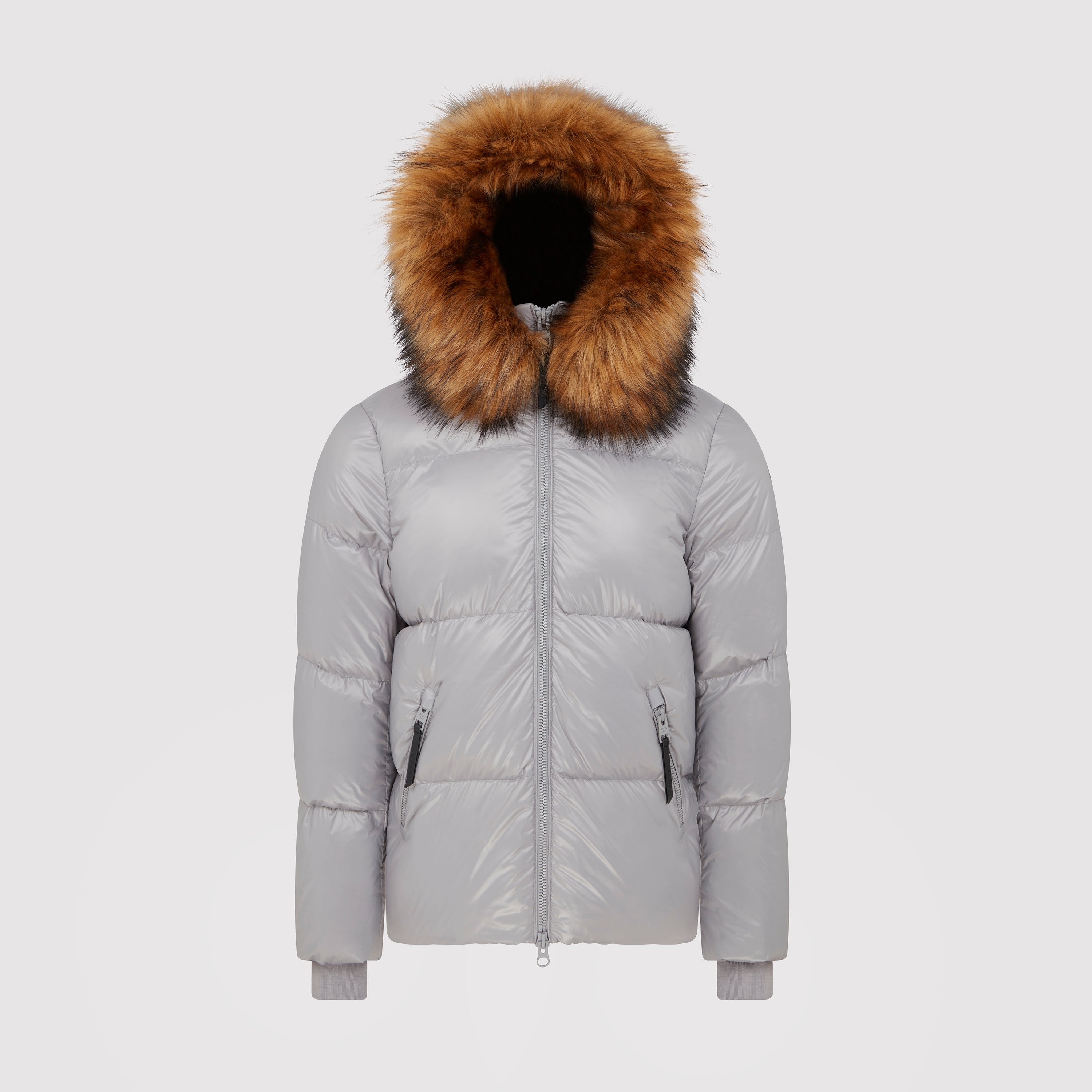 Grey puffer coat hot sale fur hood