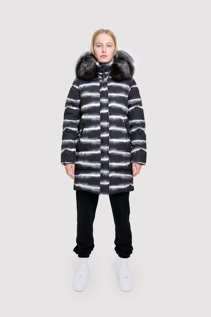 Women's Mid-Length Chinchilla Print Puffer with Fur in Black
