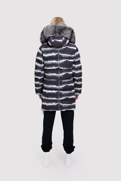 Women's Mid-Length Chinchilla Print Puffer with Fur in Black