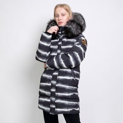 Women's Mid-Length Chinchilla Print Puffer with Fur in Black