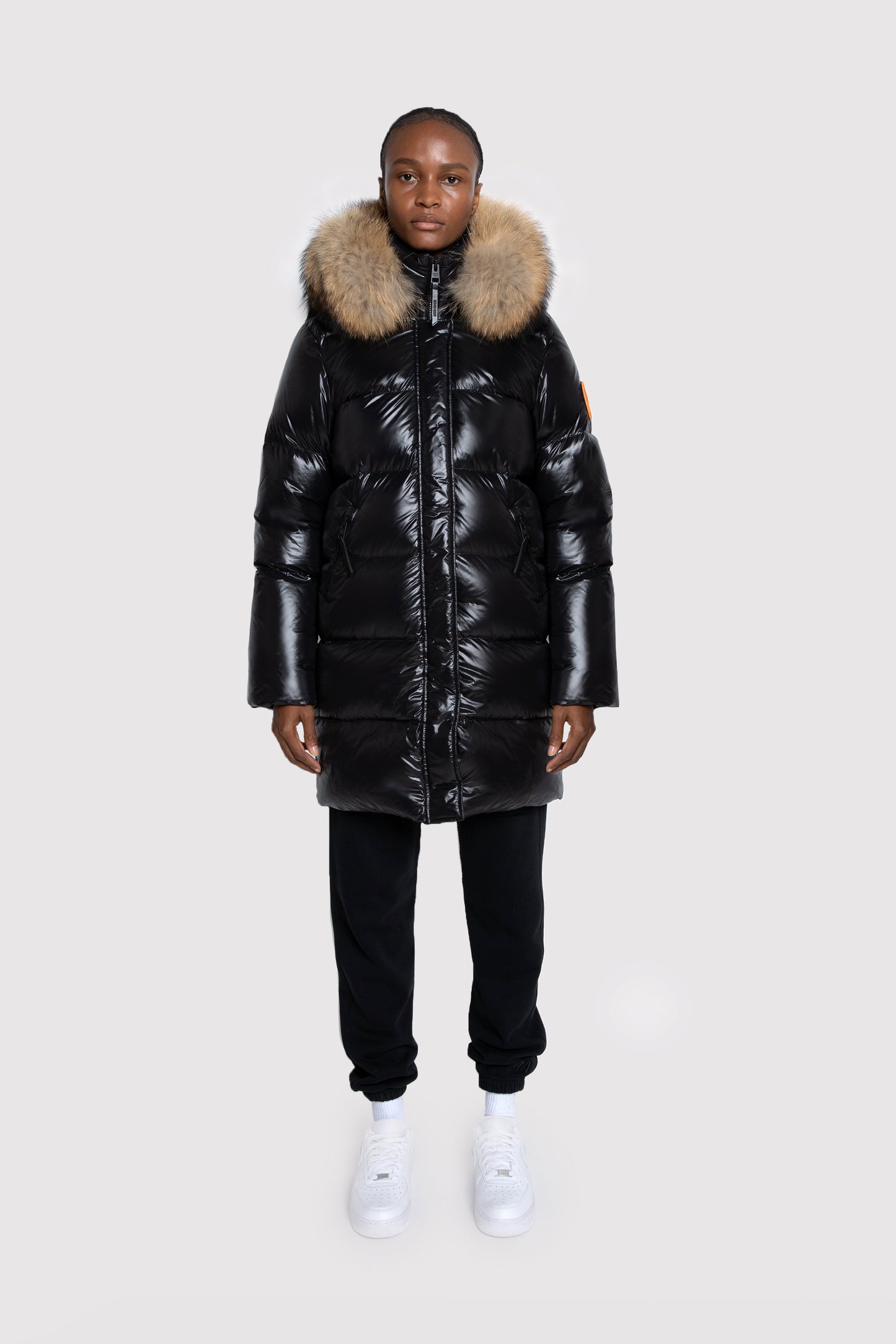 Women's Mid-Length Puffer with Fur in Black