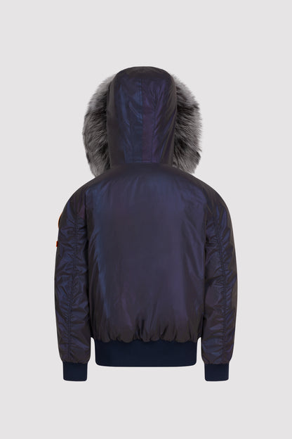 Women's Bomber with Fur in Navy Reflective
