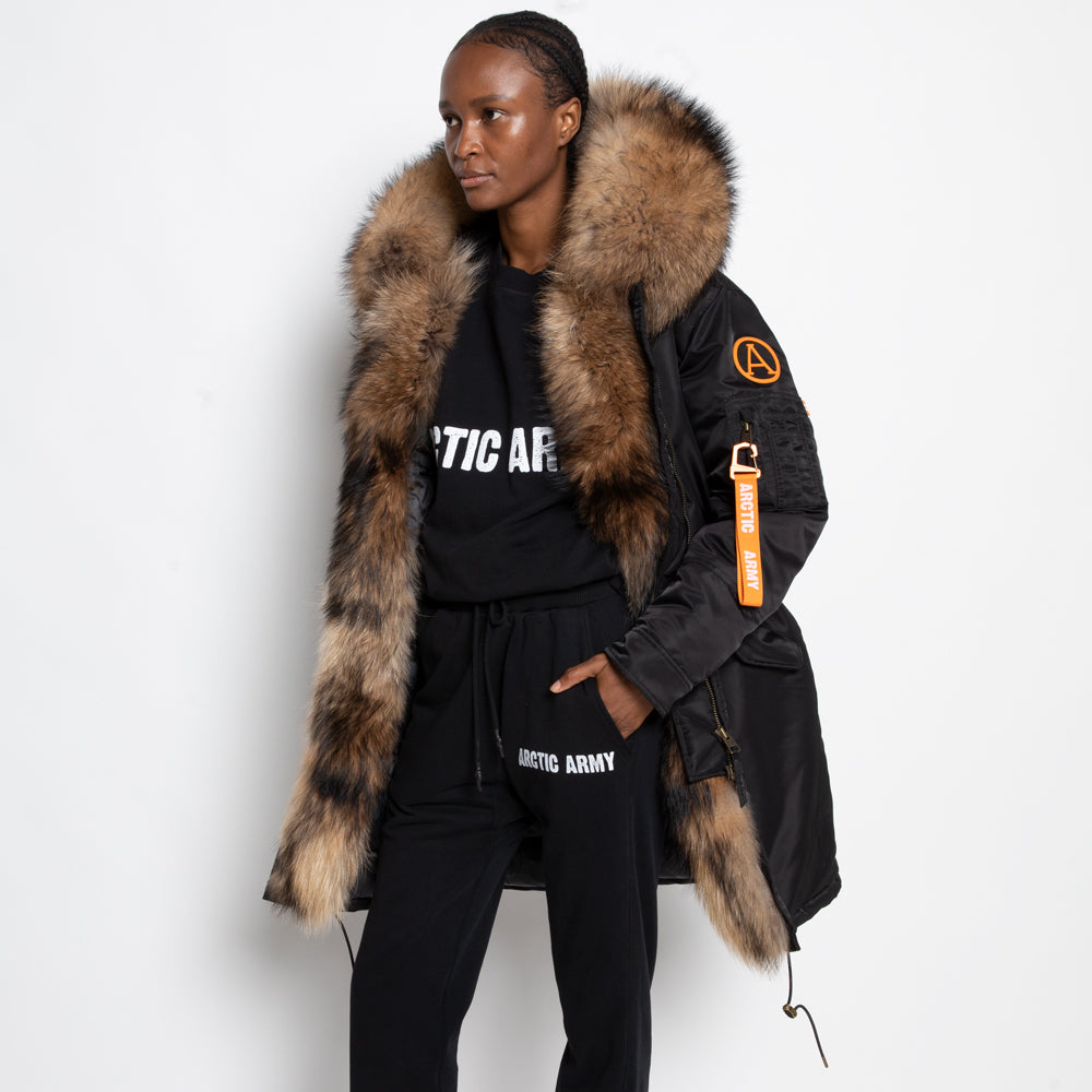 Women s Luxe Parka with Fur in Black Arctic Army