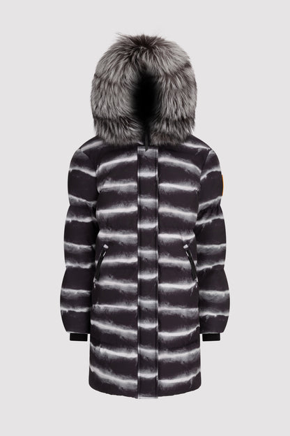 Women's Mid-Length Chinchilla Print Puffer with Fur in Black
