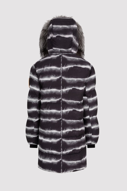 Women's Mid-Length Chinchilla Print Puffer with Fur in Black
