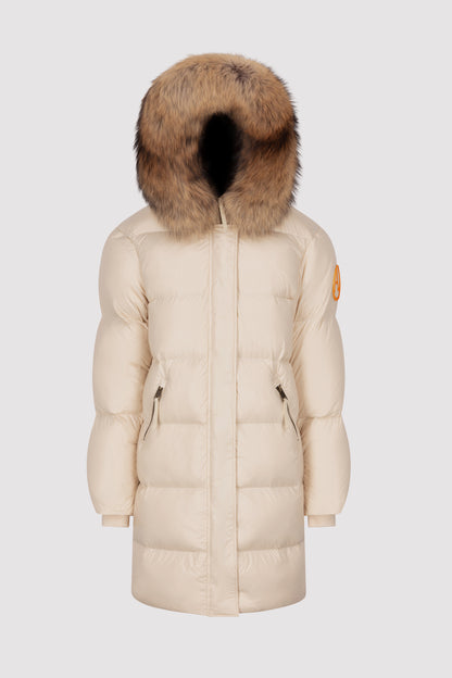 Women's Mid-Length Puffer with Fur in Chalk