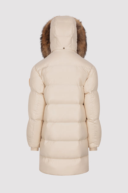 Mens Chalk Mid-Length Puffer Jacket with Fur