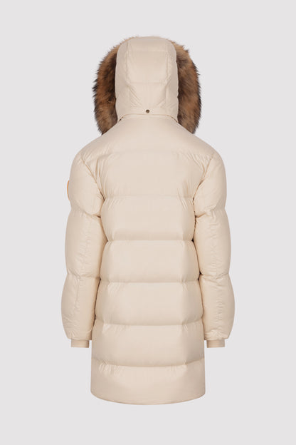 Women's Mid-Length Puffer with Fur in Chalk