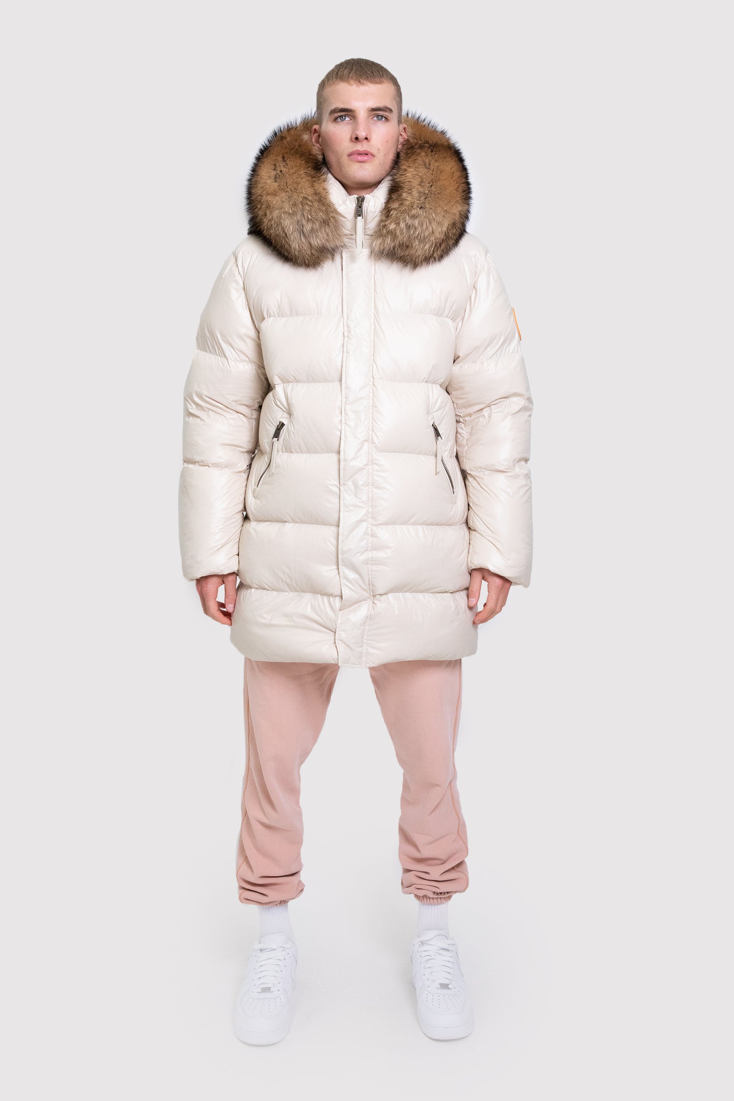 Mens Chalk Mid-Length Puffer Jacket with Fur