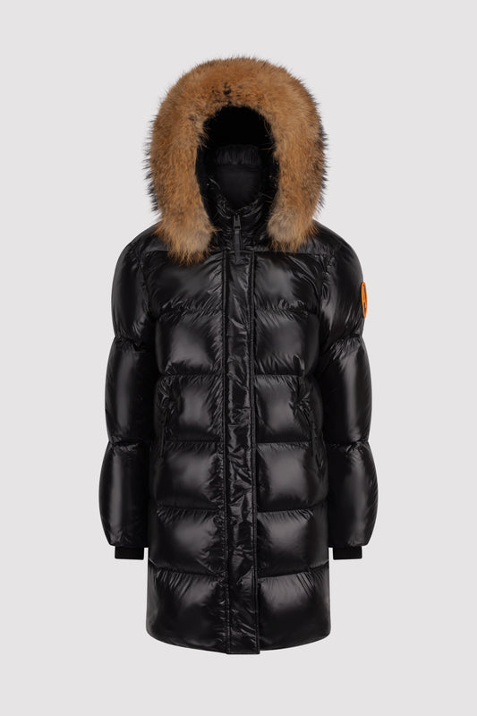 Men's Mid-Length Puffer with Fur in Black