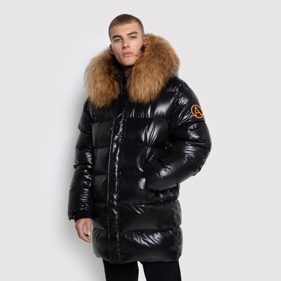 Men's Mid-Length Puffer with Fur in Black