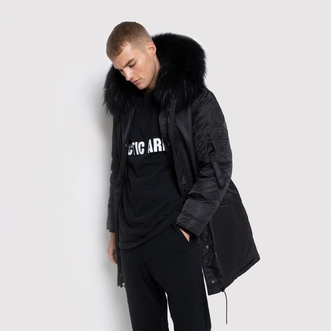 Mens black parka with black fur hotsell