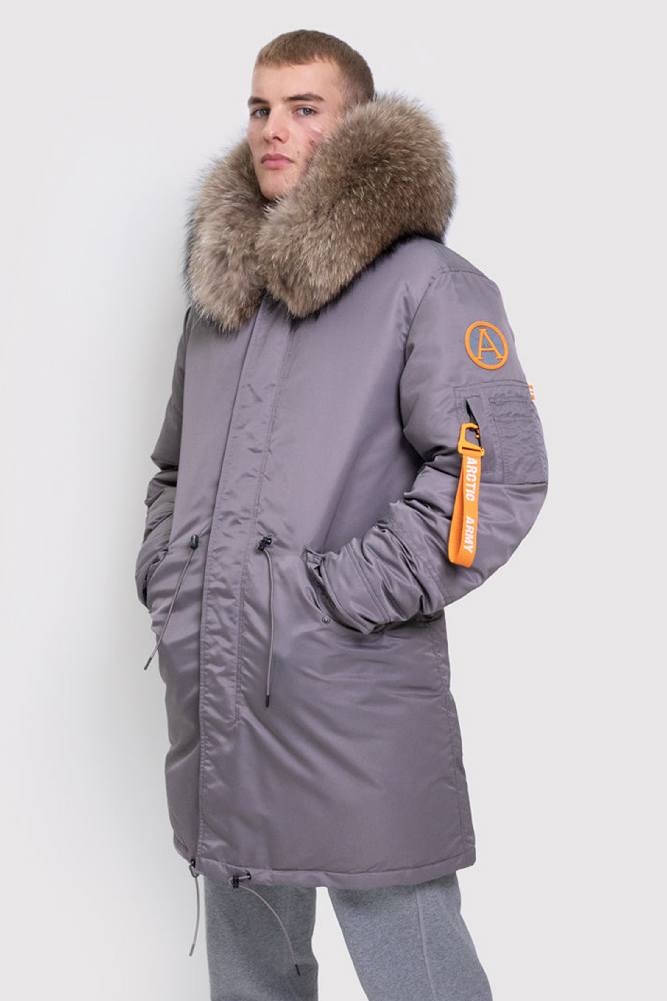 Grey parka coat mens best sale