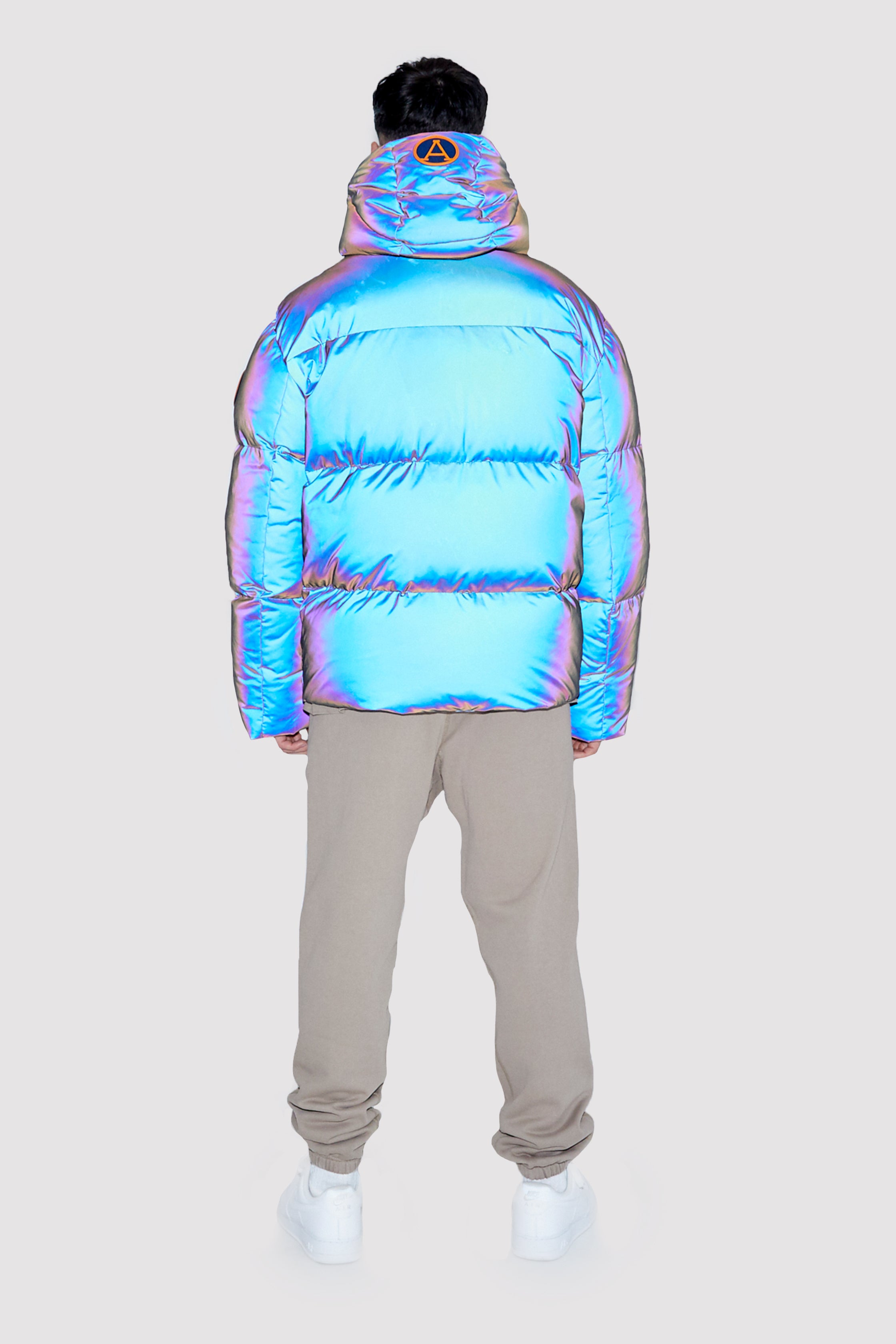 Reflective iridescent puffer jacket on sale men