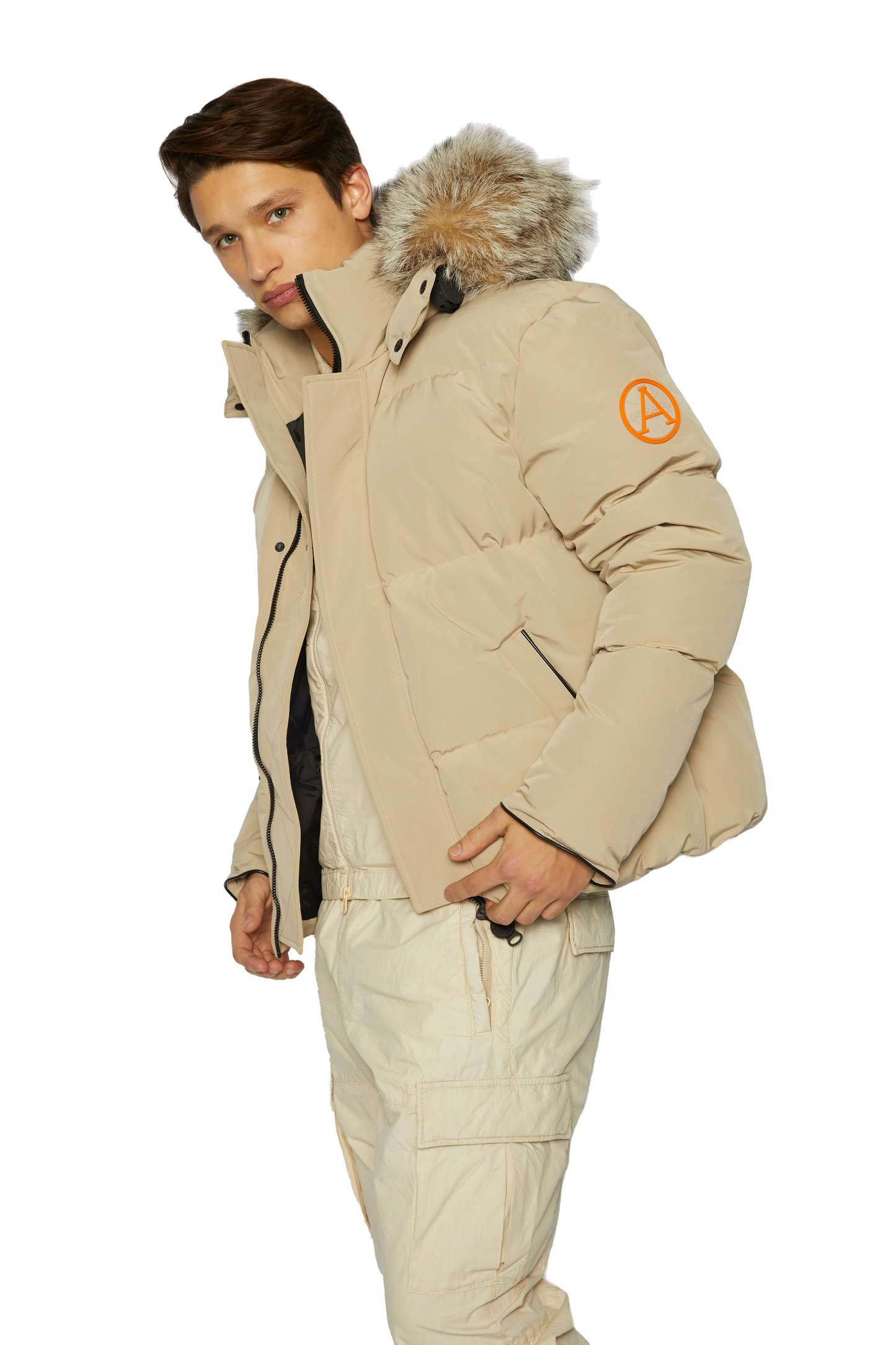Men's Tailored Puffer with Fur in Fawn